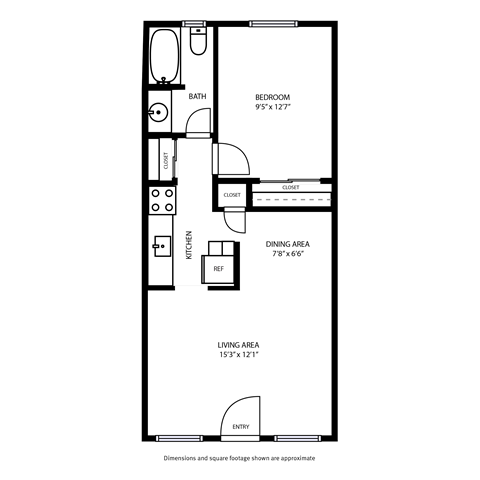 Floor plan for 1 bed, 1 bath, 675 sqft