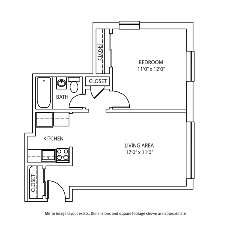 Floor plan for 1 bed, 1 bath, 537 sqft