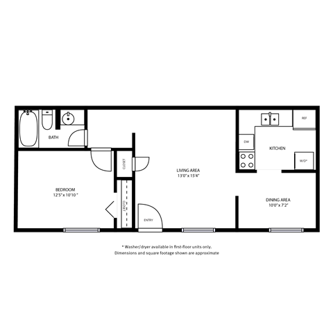 Floor plan for 1 bed, 1 bath, 625 sqft