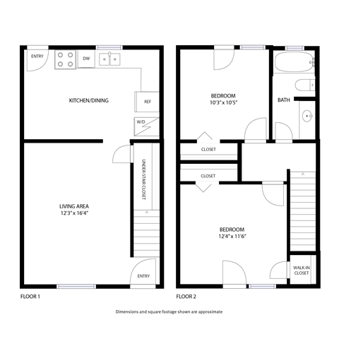 Floor plan for 2 beds, 1 bath, 905 sqft