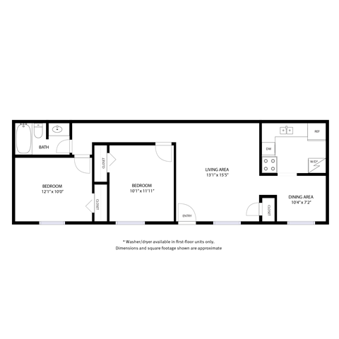 Floor plan for 2 beds, 1 bath, 800 sqft