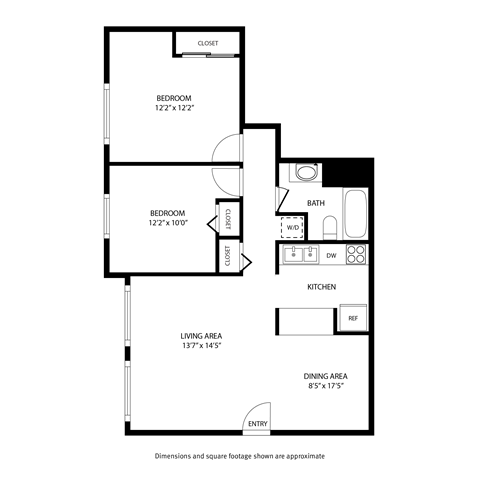 Floor plan for 2 beds, 1 bath, 759 sqft