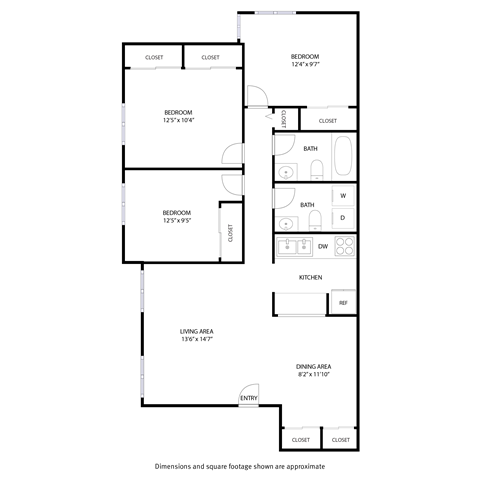 Floor plan for 3 beds, 1.5 baths, 881 sqft