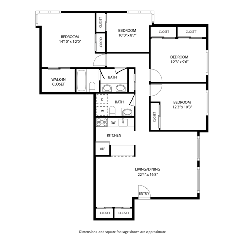 Floor plan for 4 beds, 1.5 baths, 1025 sqft