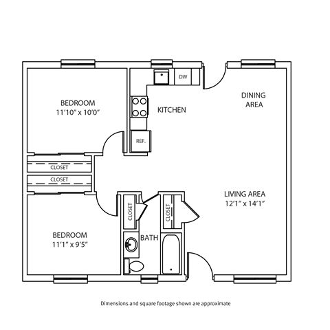 Floor plan for 2 beds, 1 bath, 813 sqft