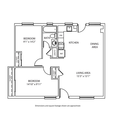 Floor plan for 2 beds, 1 bath, 829 sqft