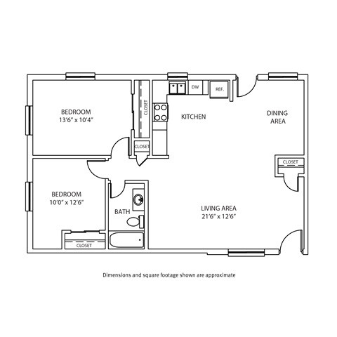 Floor plan for 2 beds, 1 bath, 943 sqft