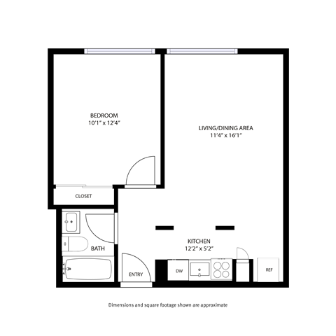 Floor plan for 1 bed, 1 bath, 505 sqft