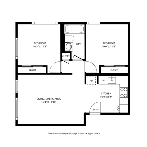 Floor plan for 2 beds, 1 bath, 610 sqft