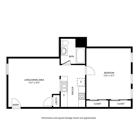 Floor plan for 1 bed, 1 bath, 600 sqft