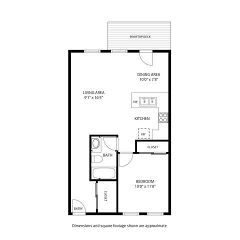 Floor plan for 1 bed, 1 bath, 640 sqft