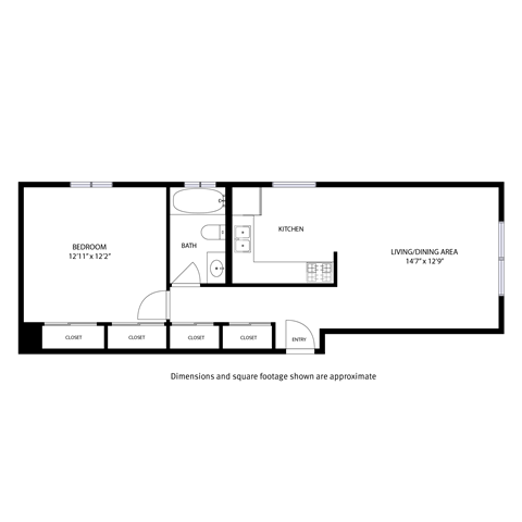 Floor plan for 1 bed, 1 bath, 550 sqft