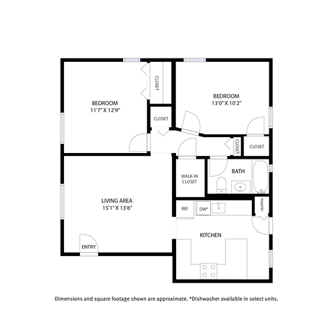 Floor plan for 2 beds, 1 bath, 802 sqft