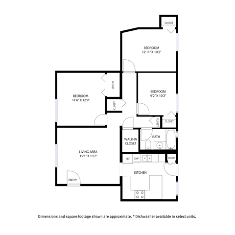 Floor plan for 3 beds, 1 bath, 960 sqft