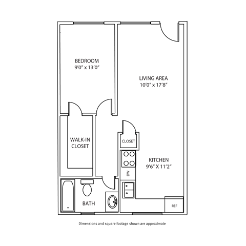 Floor plan for 1 bed, 1 bath, 600 sqft