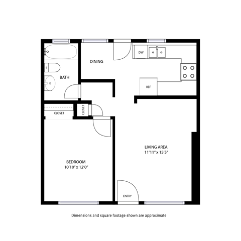 Floor plan for 1 bed, 1 bath, 650 sqft