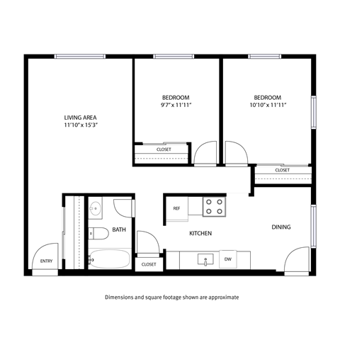 Floor plan for 2 beds, 1 bath, 750 sqft