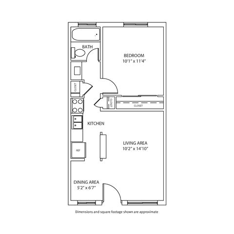 Floor plan for 1 bed, 1 bath, 480 sqft