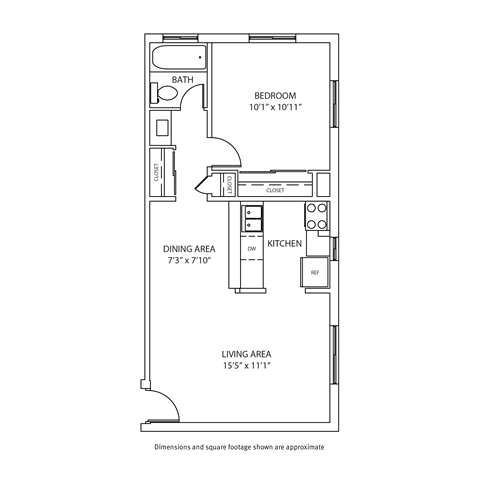 Floor plan for 1 bed, 1 bath, 560 sqft