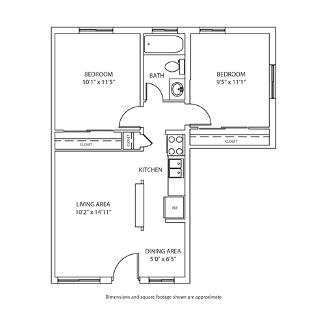 Floor plan for 2 beds, 1 bath, 630 sqft