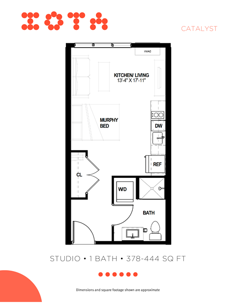 Floor plan for studio, 1 bath, 421 sqft