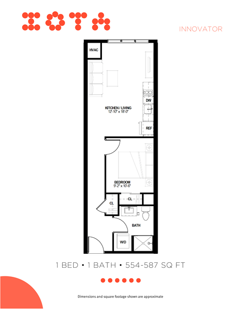 Floor plan for 1 bed, 1 bath, 587 sqft