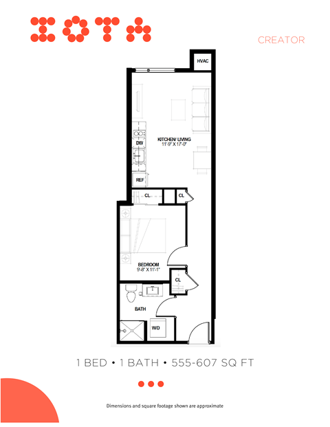 Floor plan for 1 bed, 1 bath, 607 sqft