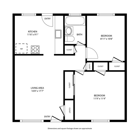 Floor plan for 2 beds, 1 bath, 627 sqft