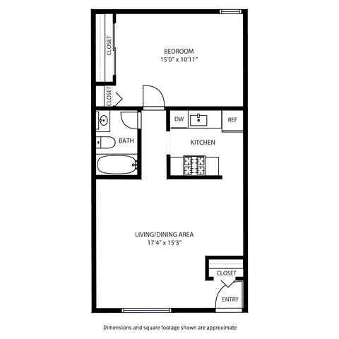 Floor plan for 1 bed, 1 bath, 650 sqft