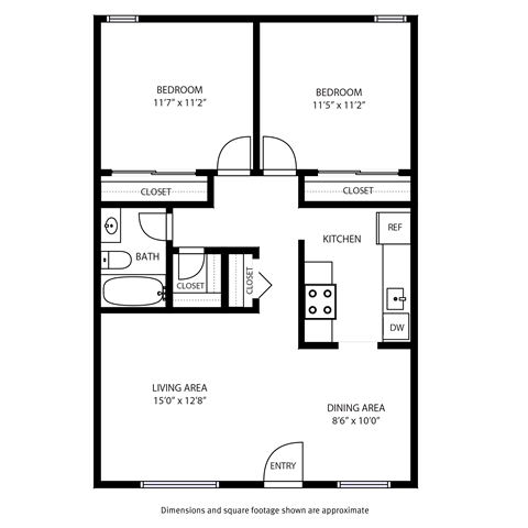 Floor plan for 2 beds, 1 bath, 825 sqft