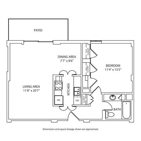 Floor plan for 1 bed, 1 bath, 743 sqft