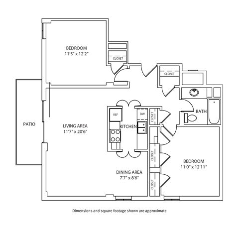 Floor plan for 2 beds, 1 bath, 966 sqft