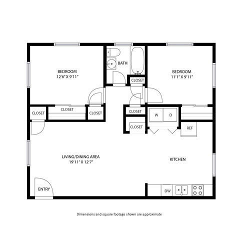 Floor plan for 2 beds, 1 bath, 791 sqft