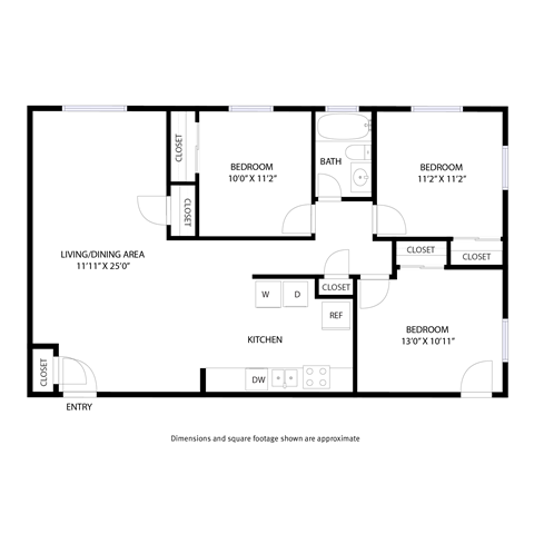 Floor plan for 3 beds, 1 bath, 1049 sqft