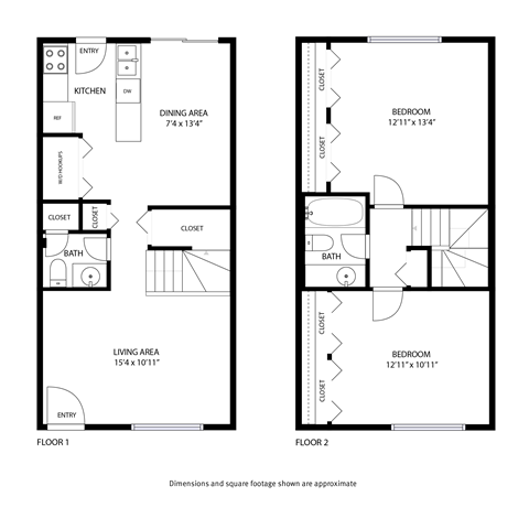Floor plan for 2 beds, 1.5 baths, 1000 sqft