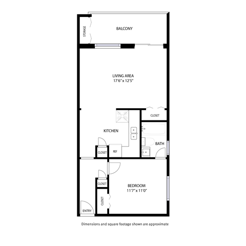 Floor plan for 1 bed, 1 bath, 600 sqft