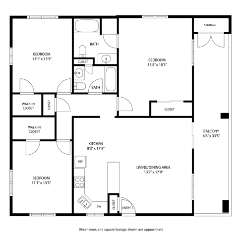 Floor plan for 3 beds, 2 baths, 1200 sqft