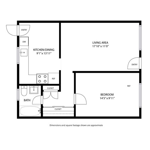 Floor plan for 1 bed, 1 bath, 634 sqft
