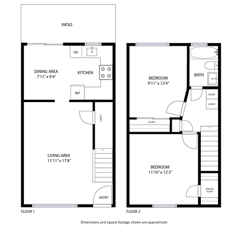 Floor plan for 2 beds, 1 bath, 922 sqft