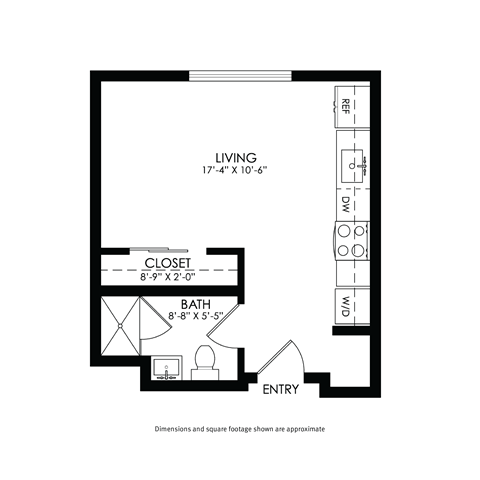 Floor plan for studio, 1 bath, 472 sqft