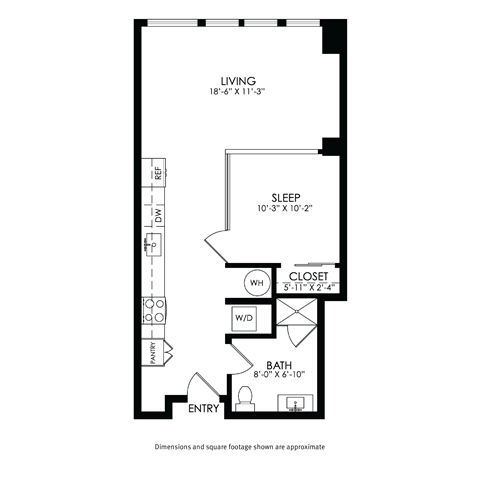 Floor plan for 1 bed, 1 bath, 642 sqft
