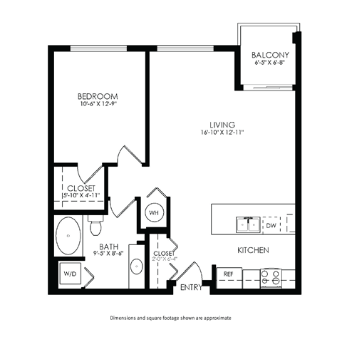 Floor plan for 1 bed, 1 bath, 500 sqft