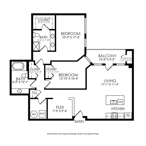 Floor plan for 2 beds, 2 baths, 1245 sqft