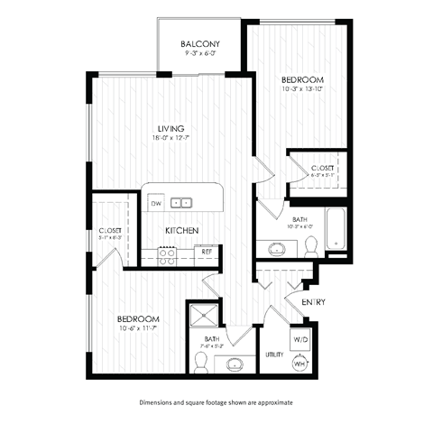 Floor plan for 2 beds, 2 baths, 1292 sqft