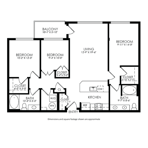 Floor plan for 3 beds, 2 baths, 1160 sqft