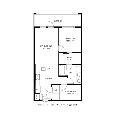 Floor plan for 1 bed, 1 bath, 748 sqft