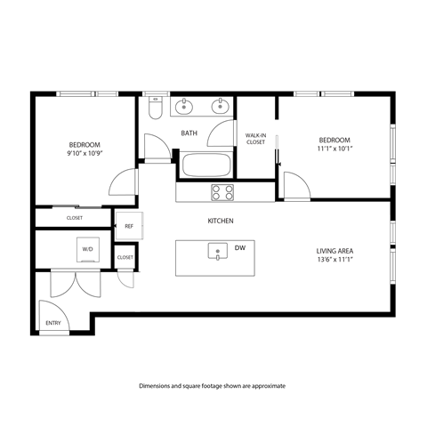 Floor plan for 2 beds, 1 bath, 808 sqft