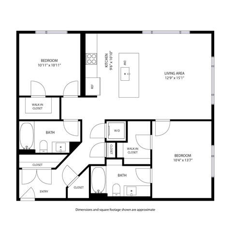 Floor plan for 2 beds, 2 baths, 1050 sqft
