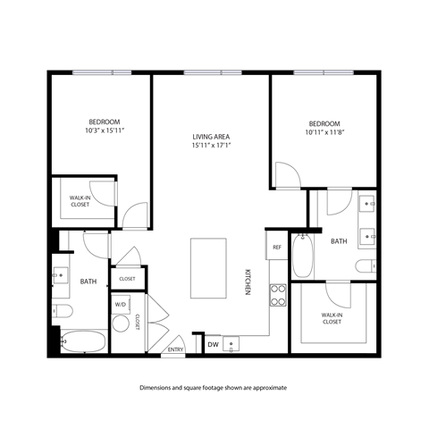 Floor plan for 2 beds, 2 baths, 1050 sqft