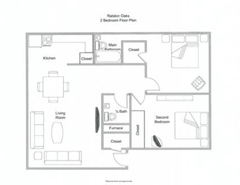 Floor plan for 2 beds, 1.5 baths, 950 sqft